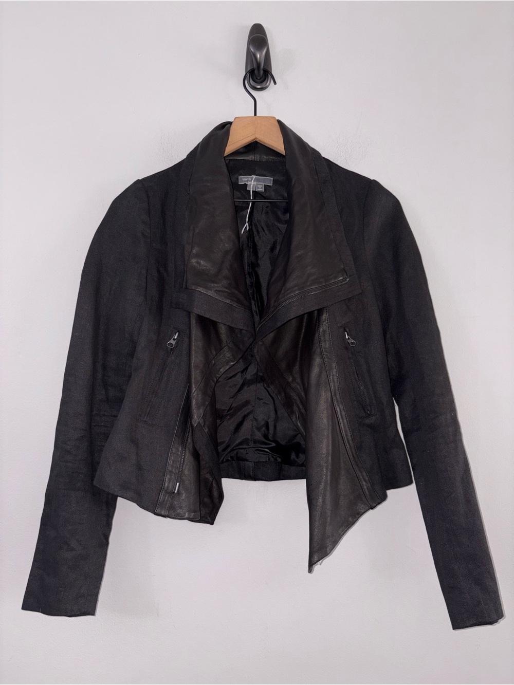 Vince Black Linen & Leather Asymmetrical Cropped Moto Jacket NEW
